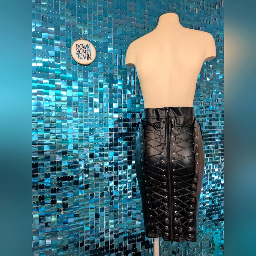 Faux Leather Lace-Up Pencil Skirt